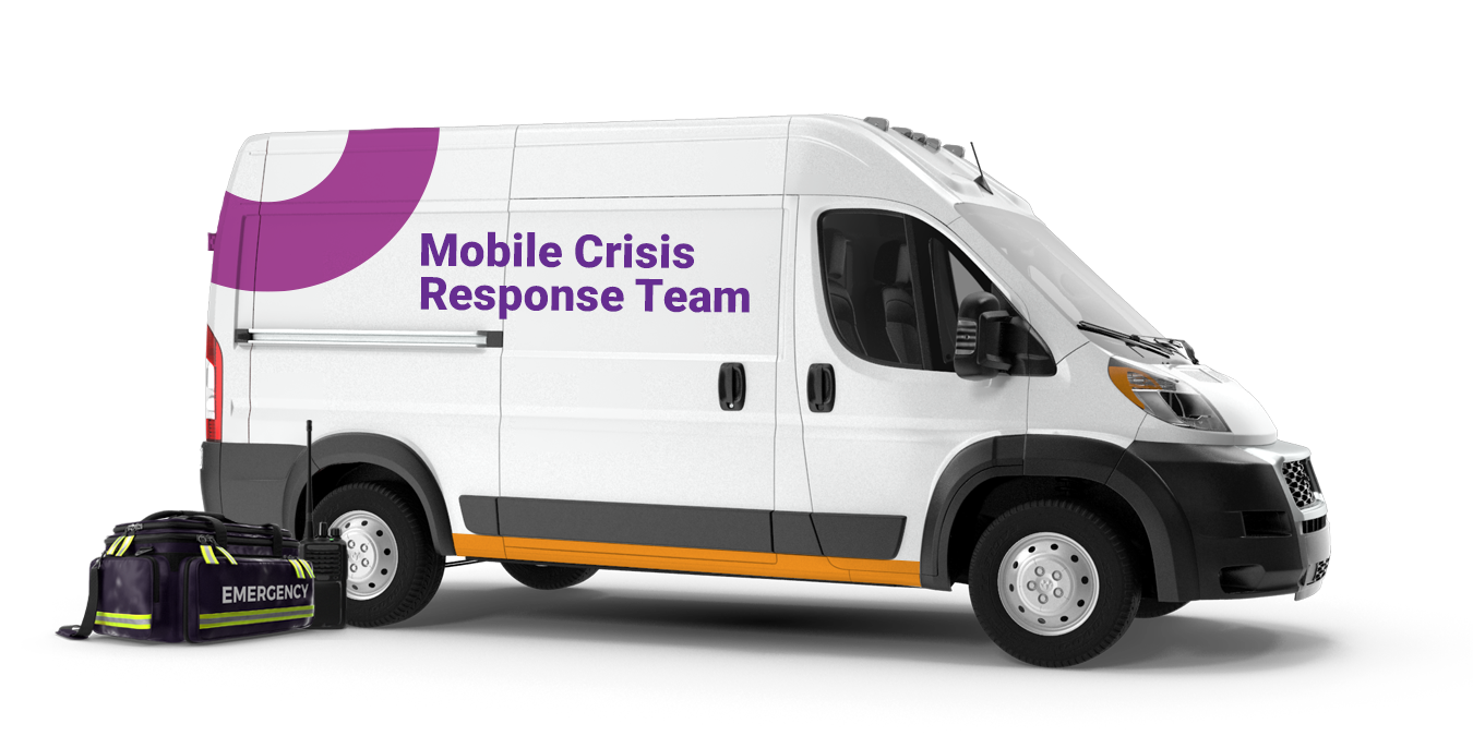 The International Crisis Response Association's focus is illustrated by an image of a white van featuring the words "mobile crisis response team" on the side in purple